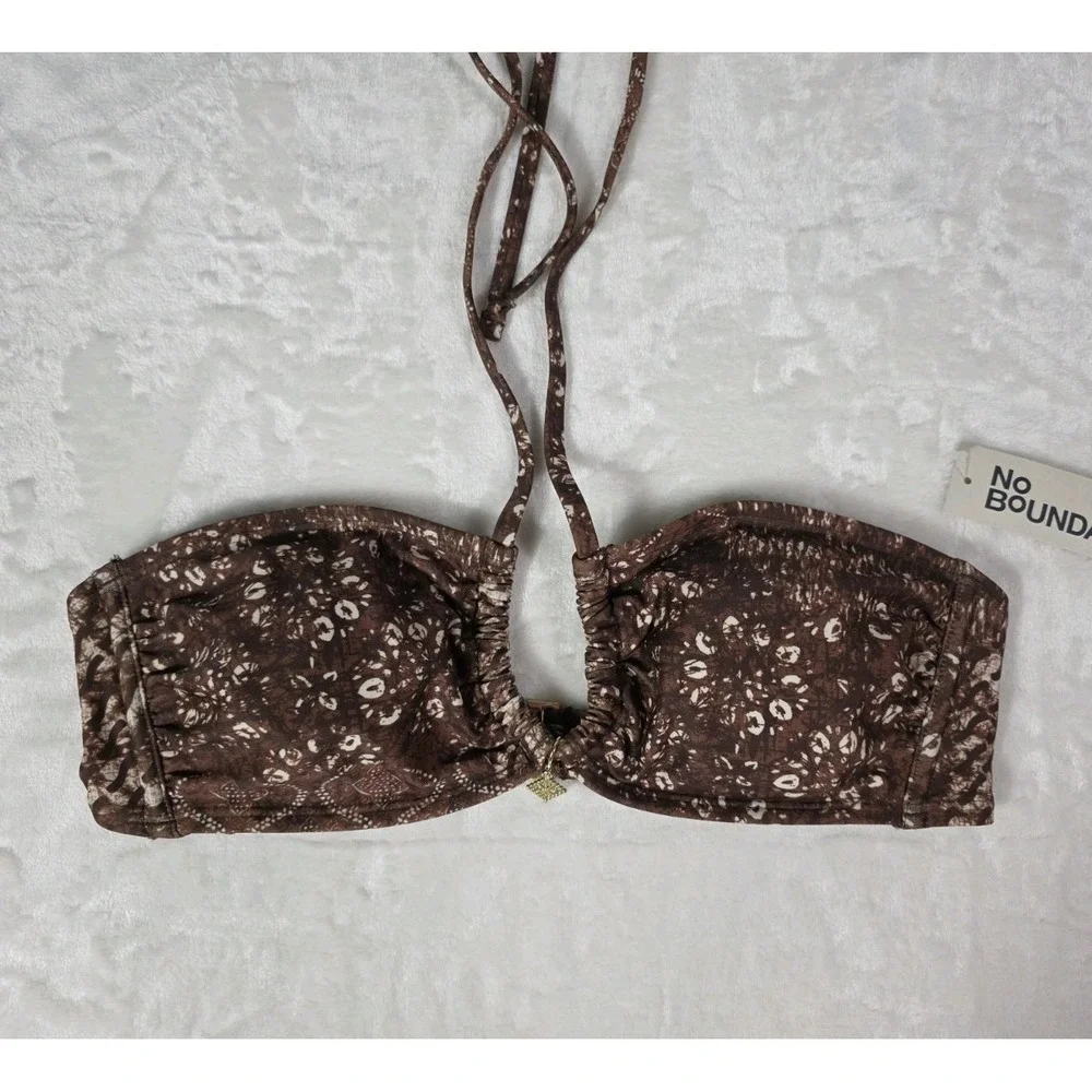 No Boundaries Bikini Set Brown Print Bandeau Cheeky High Leg M 8-10 NWT